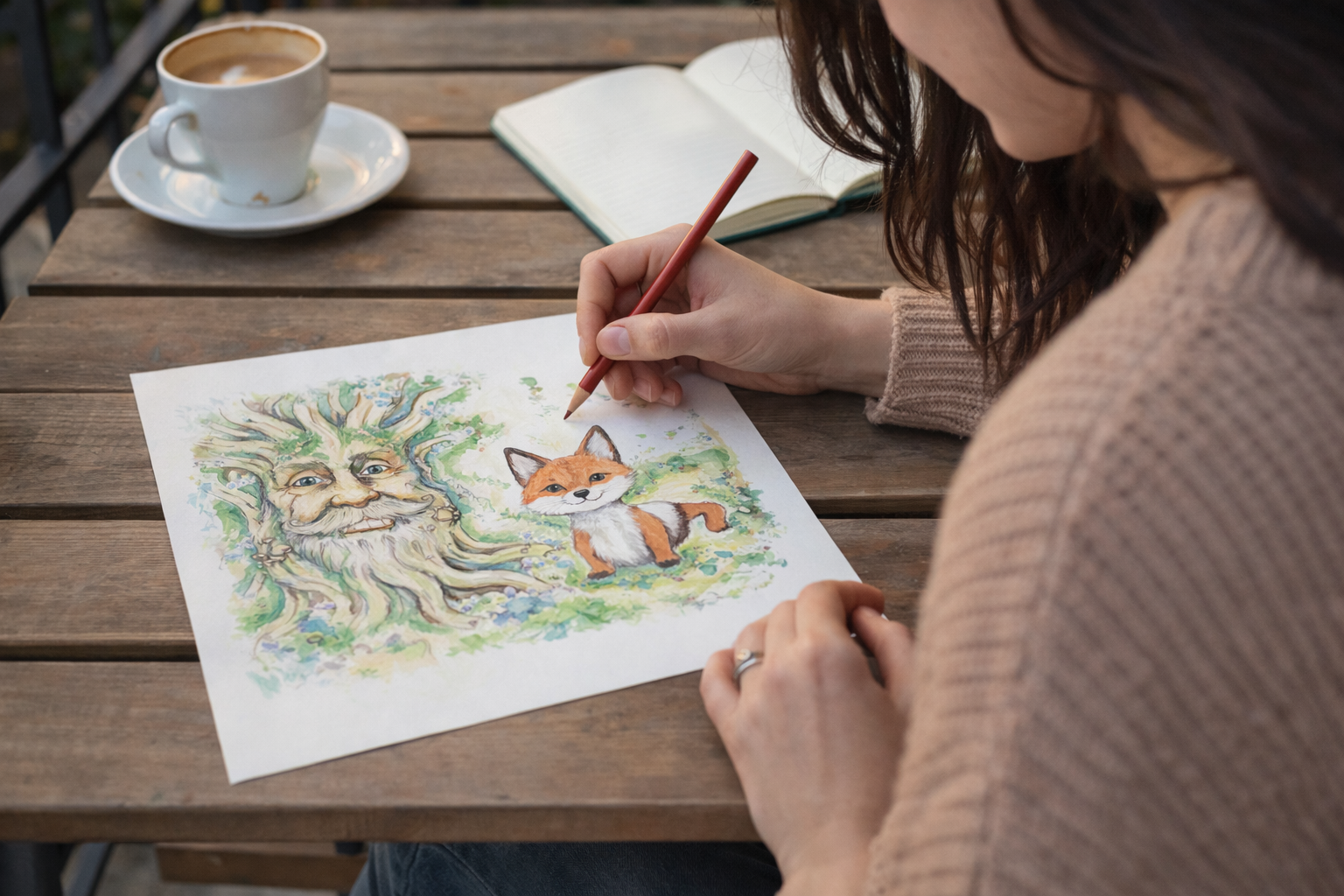 Alexandra lucrând la ilustrația cu nucul
